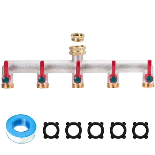 Wisdomgarden Wasserverteiler 5fach, Schwere Vernickelt Messing gartenschlauch verteiler, 5 wege verteiler wasser mit 5 Verlängerungsgriffen, Der verbesserte sechseckige Wassereinlass ist langlebiger von Wisdomgarden