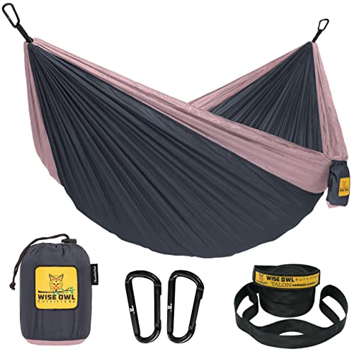 Wise Owl Outfitters Hängematte - Outdoor Hängematte für 2 Personen - Ultraleichte Reisehängematte - Belastbar bis 226 kg - Camping Zubehör - Inkl. Aufhängung u. Karabiner (Kohlegrau und Rose) von Wise Owl Outfitters