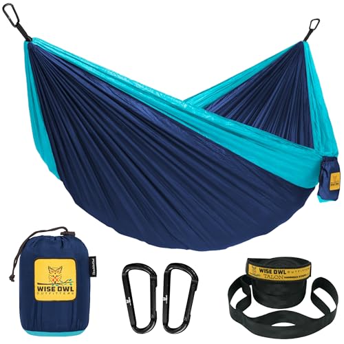 Wise Owl Outfitters Hängematte - Outdoor Hängematte für 1 Person- Ultraleichte Reisehängematte - Belastbar bis 180 kg - Camping Zubehör - Inkl. Aufhängung u. Karabiner (Marineblau und Hellblau) von Wise Owl Outfitters