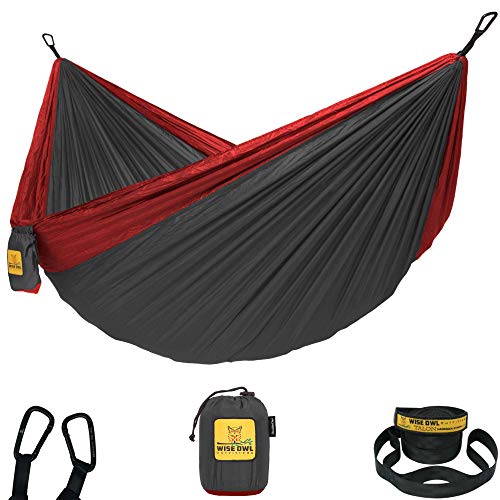 Wise Owl Outfitters Hängematte - Outdoor Hängematte für 1 Person- Ultraleichte Reisehängematte - Belastbar bis 180 kg - Camping Zubehör - Inkl. Aufhängung u. Karabiner (Anthrazit und Rot) von Wise Owl Outfitters