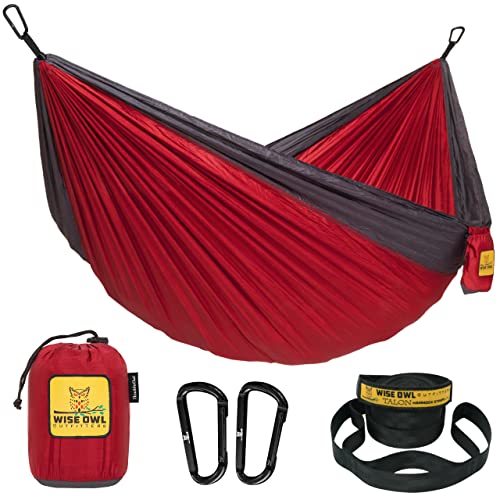 Wise Owl Outfitters Hängematte für Camping, doppelte Hängematten, Ausrüstung für Outdoor, Rucksackreisen, Überleben oder Reisen, tragbar, leicht, Nylon, Rot und Anthrazit von Wise Owl Outfitters