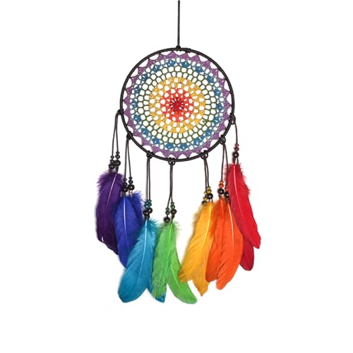 WisePoint Traumfänger, handgemachte Fee Traumfänger mit bunten Federn, Bohemian Feder Traumfänger Mond Traumfänger Hängende Wand Dekor für Wohnzimmer (Regenbogenfarbe) von WisePoint