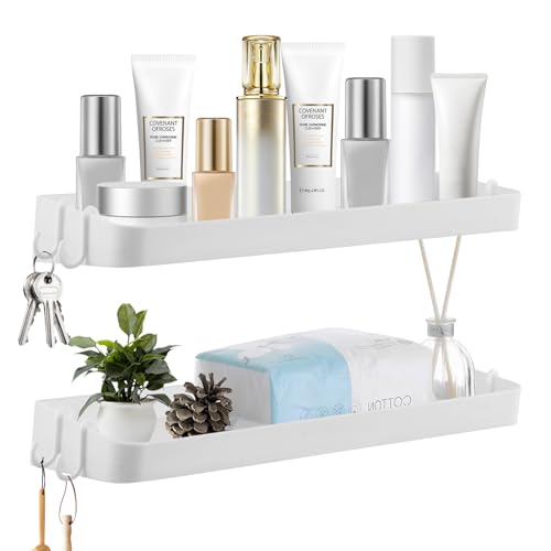 Duschablage Ohne Bohren 2 Stück, Badezimmerablagen Waschbecken 40cm Badezimmer Regal mit Großer Kapazität, Kunststoff Selbstklebend Badregal, Duschregal mit 8 Abnehmbar Haken für Bad und Küche, Weiß von Wisebom