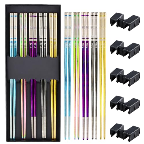 Wisebom 5 Paar Essstäbchen, Wiederverwendbare Essstäbchen Essstäbchen Metall Geschenkset Essstäbchen Spülmaschinenfest mit 5 Stück Essstäbchen Helfer für Zuhause Restaurant Camping von Wisebom