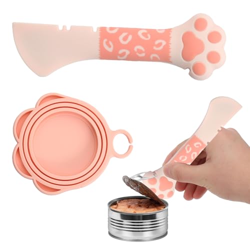 Wisebom Deckel für Dosen, Silikon Dosendeckel Mit Katzenfutter Nassfutter LöFfel Multifunktionales Haustierfutter Dosenzubehör Set, Dosenöffner Hundeklauen-Löffel für Hunde Katzen Fütterun(Rosa) von Wisebom