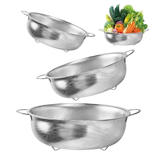 Wisebom Sieb Küche 3er-Set, Edelstahl Nudelsieb, Mikroperforiertes Küchensieb Metallsieb, Rostfreier Edelstahl Abtropfsieb Seiher für Nudeln Obst Reis Gemüse - 16/22/28cm von Wisebom