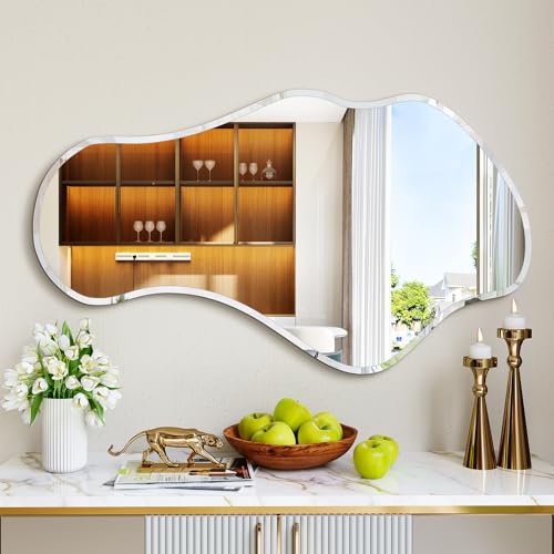 Wiserset Unregelmäßiger Wandspiegel, 50,8 x 91,4 cm, rahmenlos, asymmetrisch, abgeschrägt, rahmenlos, flippig, gewellt, Wandspiegel für Eingangsbereich, modernes Badezimmer, Schlafzimmer, Wohnzimmer von Wiserset