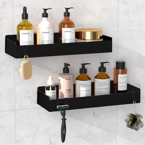 Wisfame Duschablage Ohne Bohren, 2 Stück Rostfreie Badezimmer Organizer, 30cm Duschregal mit 8 Haken, Shampoo Halterung für Dusche, Matt Schwarz Metall Duschkorb von Wisfame