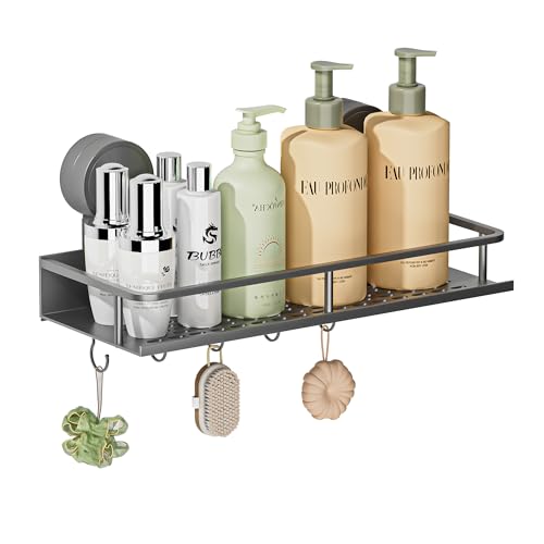 Wisfame Saugnapf Duschablage Ohne Bohren,Großer Kapazität Badregal,Aluminium Badezimmer Organizer mit 5 Haken,Wasserdichter/Rostfrei/Langlebige Shampoo Halterung Duschregal,grau von Wisfame