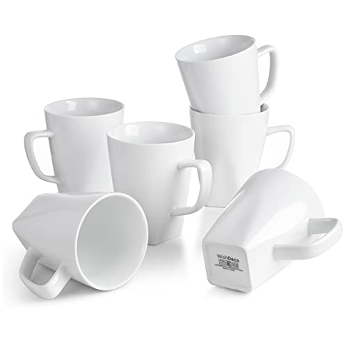 WishDeco Kaffeebecher 6er Set, Kaffeetassen Porzellan Weiß 400ml, Kaffee Tassen Groß mit Henkel, Tassen Set für Cappuccino Tee Milch Heißgetränke, Eckig Boden von WishDeco