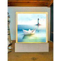 Beleuchtete Glasbaustein Lampe Mit Papierboot Leuchtturm Mit/Ohne Wunschtext Meer Deko Stimmungslicht Für Meeresliebhaber Strandhaus von WishcraftersDE