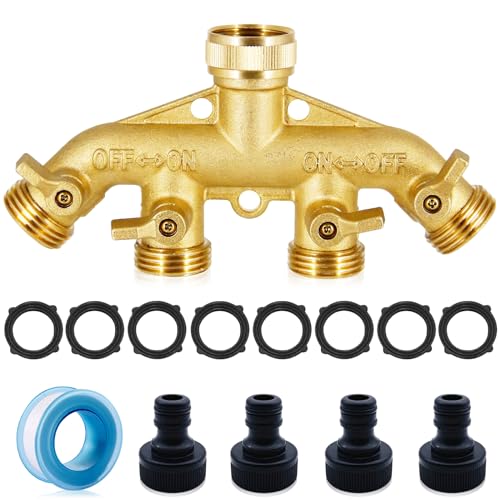WishesMar 4 Wege-Verteiler aus Massives Messing - 4 Fach 3/4" Wasserhähne mit 4 Unabhängig EIN-Aus-Ventile - Garten-Schlauch Anschluss Wasserhahn Adapter für Garten, Bewässerung von WishesMar