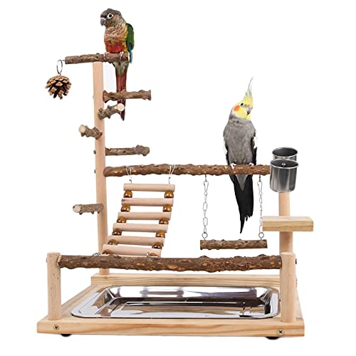 WishesMar Wellensittich Spielplatz Vogel-Spielplatz mit Feeder-Cup Spielzeug Leiter Erklimmen Schaukel und Tablett für Nymphensittich Papageien Wellensittiche, Holz, Größe 45x37x26 cm #A von WishesMar