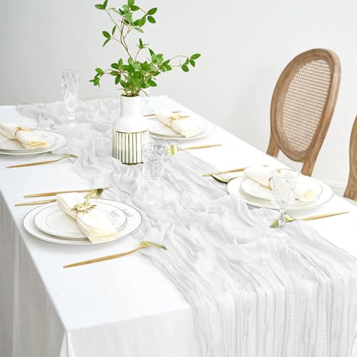 Tischläufer Weiß, 90 x 400 cm Gaze-Tischläufer, Lang Romantisch Halbdurchsichtiger Stoff, Tischdecke Weiß für Babyparty Tischdekoration, Geburtstagsparty, Hochzeit Tischdekorationen von Wishstar