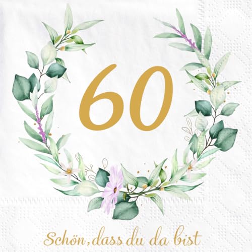Wishstar 40 Stück Servietten 60. Geburtstag, Eukalyptus, Schön Dass Du Da Bist, Gold Grün, Papierservietten für Mann Frau Deko von Wishstar