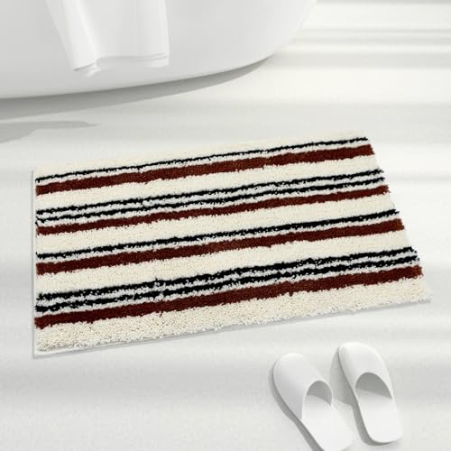 Brauner gestreifter Badezimmerteppich, rutschfest, flauschig, saugfähig, Mikrofaser, waschbar, niedliche Badematte für Waschbecken, Badewanne und Dusche, 78,7 x 50,8 cm Brauner gestreifter Badezimmerteppich, rutschfest, flauschig, saugfähig, Mikrofaser, waschbar, niedliche Badematte für Waschbecken, Badewanne und Dusche, 78,7 x 50,8 cm von Wishtune