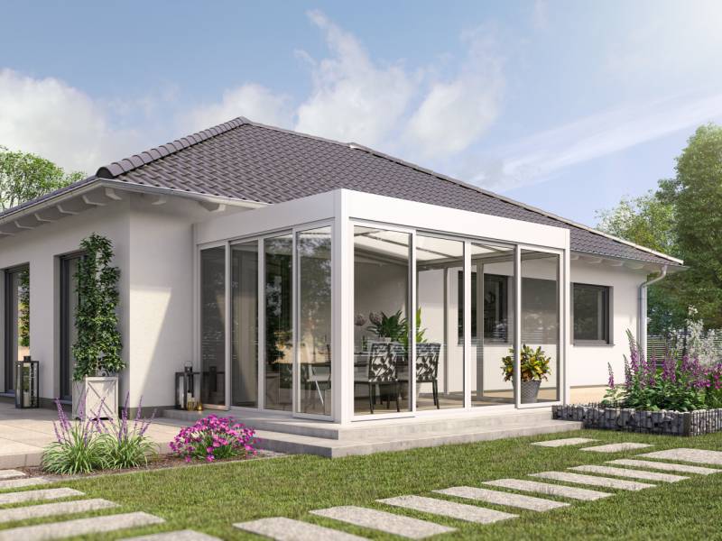 Wintergarten Modern 500 x 300 cm mit Glasschiebetüren weiß von Wismar NFI