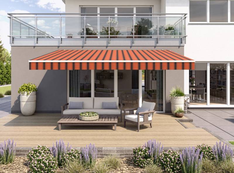 Gelenkarmmarkise Classic orange-braun gestreift inkl. Motor, Handsender, Solar Panel Gelenkarmmarkise Classic orange-braun gestreift inkl. Motor, Handsender, Solar Panel von Wismar