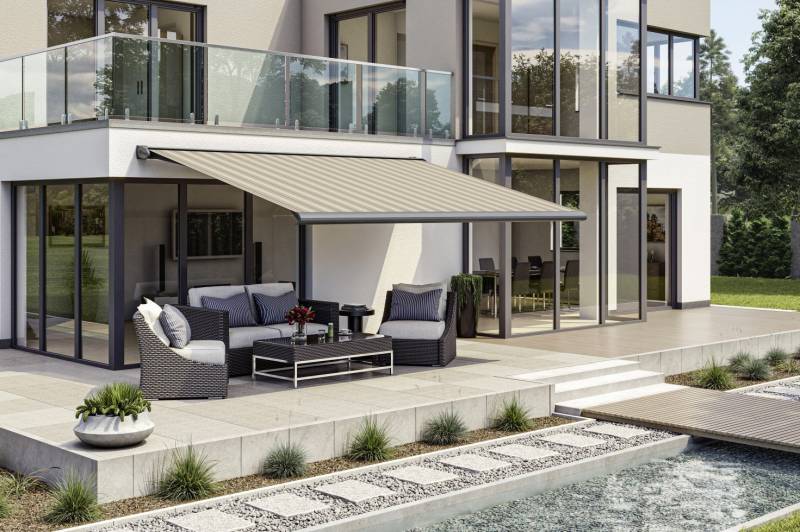 Kassettenmarkise S-Compact beige-braun gestreift inkl. Motor, Aufputzschalter Kassettenmarkise S-Compact beige-braun gestreift inkl. Motor, Aufputzschalter von Wismar