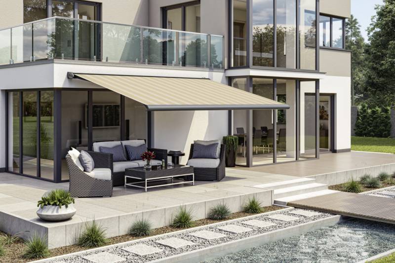 Kassettenmarkise S-Compact beige gestreift inkl. Motor, Aufputzschalter Kassettenmarkise S-Compact beige gestreift inkl. Motor, Aufputzschalter von Wismar