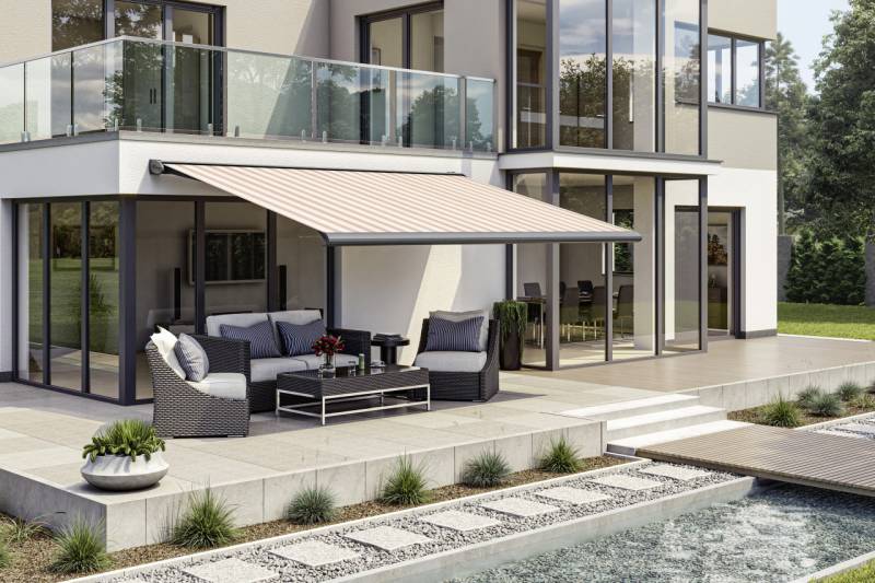 Kassettenmarkise S-Compact braun-beige gestreift inkl. Motor, Aufputzschalter Kassettenmarkise S-Compact braun-beige gestreift inkl. Motor, Aufputzschalter von Wismar