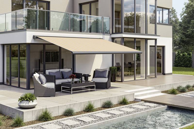 Kassettenmarkise S-Compact gelb-grau gestreift inkl. Motor, Aufputzschalter Kassettenmarkise S-Compact gelb-grau gestreift inkl. Motor, Aufputzschalter von Wismar