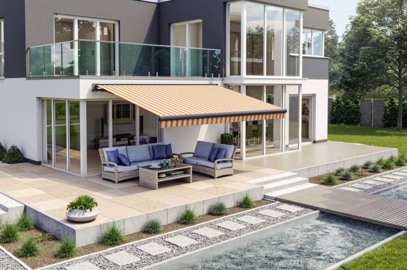 Teilhülsenmarkise beige-rot gestreift Teilhülsenmarkise beige-rot gestreift von Wismar