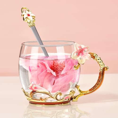 Wisolt Geschenke für Frauen, Geschenke für Mama, Geschenke für Frauen Weihnachten, Mutter Geschenk, Oma Geschenk, Geschenke für Freundin, Emaille Glas Blume Teetasse Kaffeebecher mit Löffel Set von Wisolt