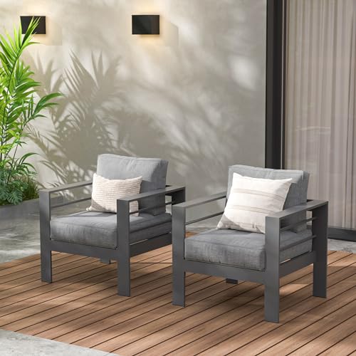 Wisteria Lane 2 Stücke Patio Möbel Aluminium Sessel, Allwetter Outdoor Single Sofa, Grau Metall Stuhl mit dunkelgrauen Kissen von Wisteria Lane