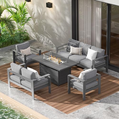 Wisteria Lane Aluminium-Terrassenmöbel-Set, 5-teiliges Metall-Gartenmöbel-Set mit CSA-zertifiziertem 137,2 cm Propangas-Feuerstelle, Terrassen-Gesprächsset mit 12,7 cm Olefin-Abdeckkissen (dunkelgrau) von Wisteria Lane
