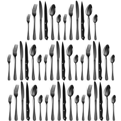 Besteck Set 8 Personen, 48 Stück Cutlery Set Lebensmittelqualität Camping Essbesteck Edelstahl Gabel Messer Löffel Tafelbesteck Küchen Tafelbesteck, Spiegelglanz, Spülmaschinenfest (Schwarz) von WitBicg