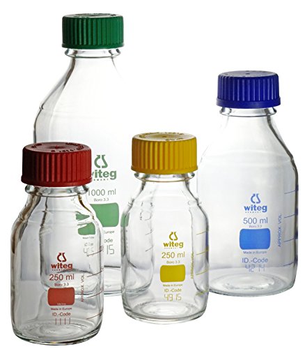 Laborflaschen 250ml GL45 rot graduiert mit PP-Schraubkappe und Augussring, hergestellt aus Borosilikatglas 3.3 mit witeg-Logo, komplette Verpackungseinheit von Witeg