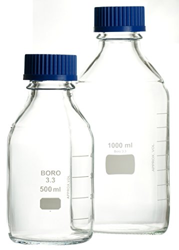 Laborflaschen 500ml GL45 ECONOMY weiß graduiert mit PP-Schraubkappe und Augussring, hergestellt aus Borosilikatglas 3.3, komplette Verpackungseinheit von Witeg