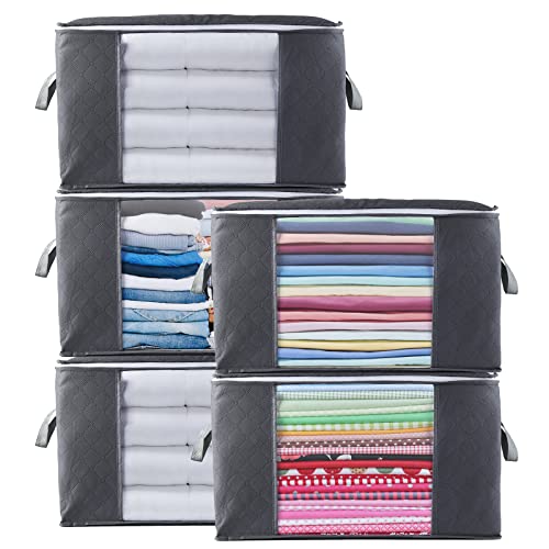 5 Stück 90L Große Aufbewahrungstasche Schrank Organizer Set, Withosent Faltbar Kleideraufbewahrung mit verstärkt Griff, Stabilem Reißverschluss für Kleidung, Bettwäsche, Bettdecken, Steppdecke von Withosent