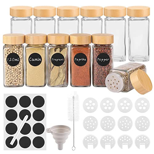 Withosent 12er Set Gewürzgläser Eckig mit Schraubkappe, 120ml Gewürzdosen mit Bambusdeckel, Gewürzstreuer Glas Gewürzbehälter, Gewürze Aufbewahrung mit Streueinsatz, Etiketten, Trichter, Bürste von Withosent