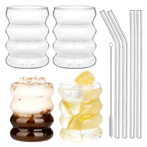 Withosent 300ml Bubble Gläser mit Strohhalm, 4er Gerippte Trinkgläser Set, Wave Gläser Tumbler Glasbecher, Wassergläser für Latte Macchiato Eiskaffee Whisky Cocktails Joghurt Soda Kaffee von Withosent