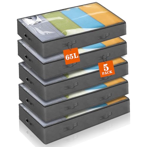 Withosent 5 Stück Unterbettkommode 65L, Unterbett Aufbewahrungsbox Vliesstoff Faltbare Aufbewahrungstasche Kleideraufbewahrung mit Klarem Fenster für Bettdecken Kleidung Bettzeug Decken Kissen von Withosent