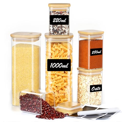 Withosent 6er Vorratsgläser mit Deckel Eckig, 1000ml/ 280ml/ 220ml Vorratsdosen Glas Set, Gewürzgläser mit Holzdeckel, Aufbewahrungsgläser Küche für Gewürze, Pasta, Mehl, Cornflakes von Withosent