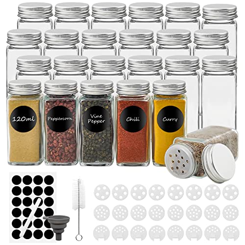 Withosent Gewürzgläser Eckig 24er Set, 120ml Gewürzdosen Glas Gewürzstreuer mit Schraubkappe, Gewürzbehälter Gewürze Aufbewahrung mit Streueinsatz, Etiketten, Trichter, Bürste von Withosent