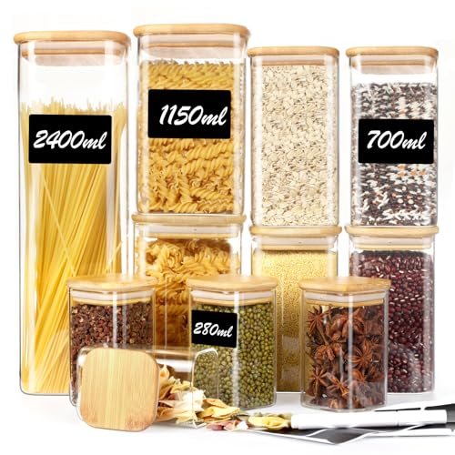 Withosent Vorratsgläser mit Deckel Eckig 11er Set, 2400ml/1150ml/700ml/280ml Vorratsdosen Glas, Gewürzgläser mit Holzdeckel, Aufbewahrungsgläser Küche für Gewürze, Spaghetti, Mehl, Cornflake von Withosent