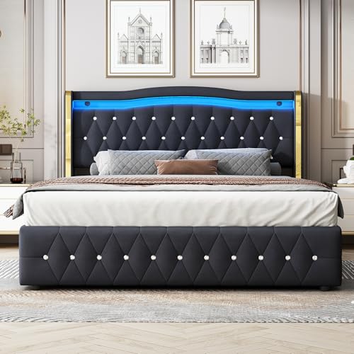 Polsterbett,Doppelbett,Breite Beine mit hellen Streifen für stabilen Halt,Mit farbwechselnder LED-Beleuchtung,Mit Hydraulik zur Lagerung,Mit hellen Rautenakzenten,Samtstoff,213X168X109CM (Schwarz) von Witimisy