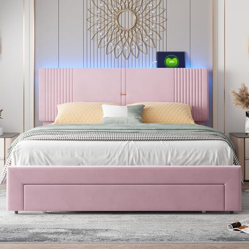 Polsterbett,hautfreundliches Doppelbett in Samtstoff,Doppelbett mit Lichtleiste und USB-Buchse,Rückenlehne und großer Schublade,geeignet für Erwachsene und Jugendliche, 210.5x165x108 /113CM (Rosa) von Witimisy