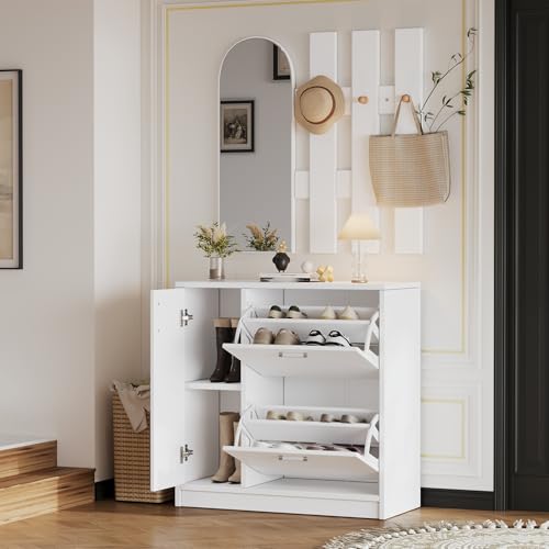 Schuhschrank mit Klapptüren für kleine Flure,Flur Garderoben-Sets mit Spiegel und Haken,Schuhregal,2 Klapptüren und eine Schiebetür,80X80X35CM von Witimisy