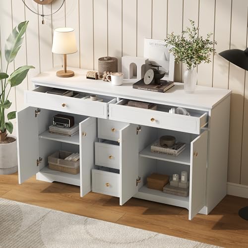 Sideboard mit 5 Schubladen und 4 Türen,Großes Aufbewahrungsmöbel mit verstellbaren Böden,Weiß Aus MDF,Für Wohnzimmer Schlafzimmer Flur,150 x 40 x 85 cm Sideboard mit 5 Schubladen und 4 Türen,Großes Aufbewahrungsmöbel mit verstellbaren Böden,Weiß Aus MDF,Für Wohnzimmer Schlafzimmer Flur,150 x 40 x 85 cm von Witimisy