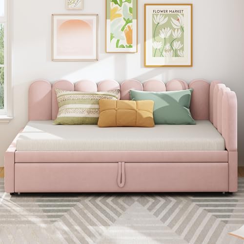 Witimisy 2-in-1 Multifunktions-Schlafsofa in L-Form,Polsterbett Platzsparendes Design,Kann als Kinderbett oder Gästebett genutzt Werden,Samt,204.5x188.5x88CM (Rosa) von Witimisy