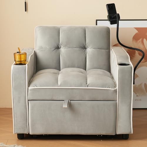 Witimisy 3-in-1 Ausziehbares Einzel-Schlafsofa,Sofa-Liegestuhl,Schlafstuhl,Sessel,Mit Getränkehaltern und Handyhalter,perfekt für kleine Räume,83X167X76CM (Grau) von Witimisy