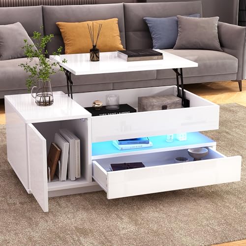 Witimisy Anhebbarer Couchtisch,Beistelltisch,kaffeetisch mit 1 Schublade,1 Schrank,mit LED,Hochglanz-teetisch mit verstecktem Stauraum,95X50X34.5CM (Weiß) von Witimisy