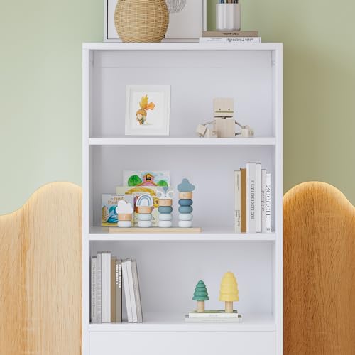 Witimisy Bücherregal,Regal mit DREI Einlegeböden und Einer Schublade, geräuschlosen Gleitern,Wohnzimmer,Schlafzimmer,MDF,Weiß von Witimisy