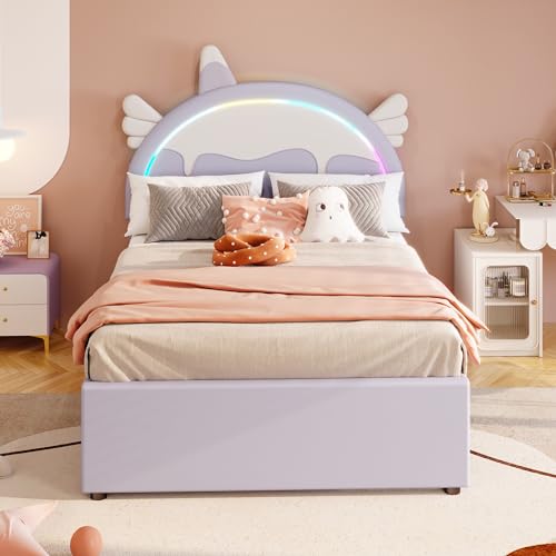 Witimisy Cartoon Kinderbett,Einhornform,ausgestattet mit ausziehbares rollbett,PU-Material,203 x144x135.5CM (Violett) von Witimisy