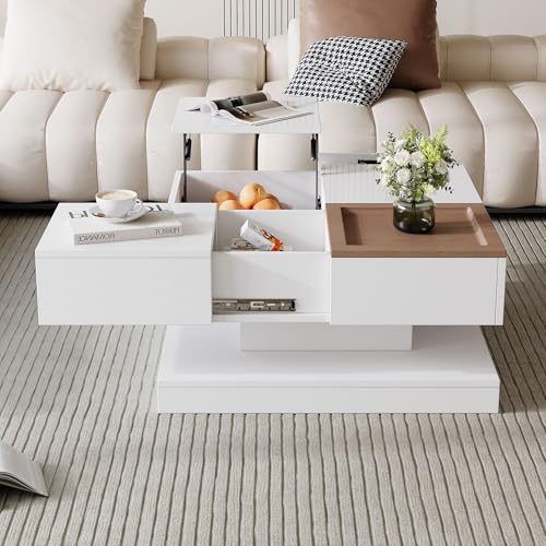 Witimisy Couchtisch Anhebbarer Multifunktionstisch,Sofatisch mit 4 Fächern,Wohnzimmertisch in Hochglanz,Beistelltisch,mit Tablett,Weiß+Holzfarbe,75.5x75.5x38CM von Witimisy
